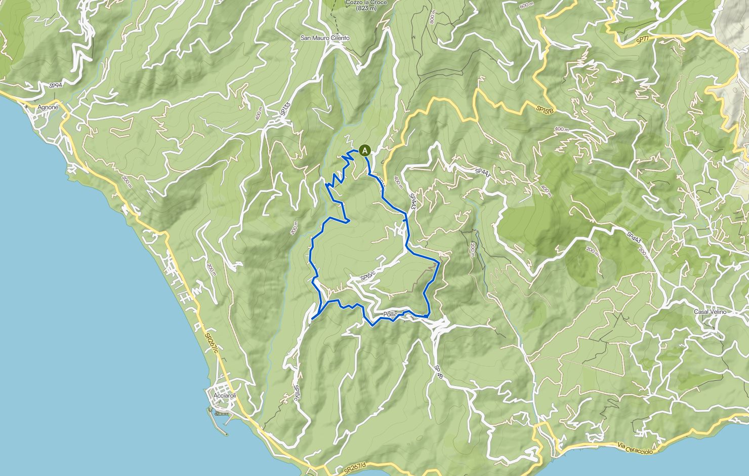 Mappa dell'anello escursionistico Palazzo Mazziotti di Celso e Borgo di Pollica con partenza da San Mauro Cilento